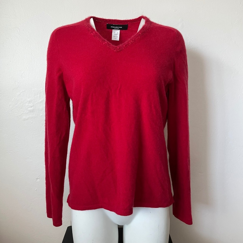 Jones New York Cashmere Red Sequin V-Neck Sweater Womens XL Long Sleeve Knit